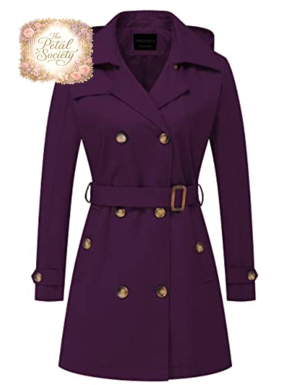 Women's Trench Coat Double-Breasted Belted Slim Overcoat with Hood